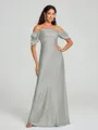 Sheath/Column Off-the-Shoulder Floor-Length Short Sleeves Silk Like Satin Bridesmaid Dress