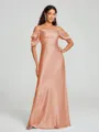 Sheath/Column Off-the-Shoulder Floor-Length Short Sleeves Silk Like Satin Bridesmaid Dress