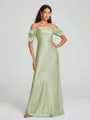 Sheath/Column Off-the-Shoulder Floor-Length Short Sleeves Silk Like Satin Bridesmaid Dress