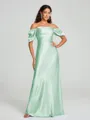 Sheath/Column Off-the-Shoulder Floor-Length Short Sleeves Silk Like Satin Bridesmaid Dress