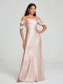 Sheath/Column Off-the-Shoulder Floor-Length Short Sleeves Silk Like Satin Bridesmaid Dress