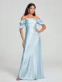 Sheath/Column Off-the-Shoulder Floor-Length Short Sleeves Silk Like Satin Bridesmaid Dress