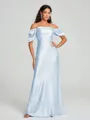 Sheath/Column Off-the-Shoulder Floor-Length Short Sleeves Silk Like Satin Bridesmaid Dress