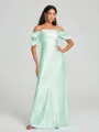 Sheath/Column Off-the-Shoulder Floor-Length Short Sleeves Silk Like Satin Bridesmaid Dress