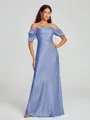 Sheath/Column Off-the-Shoulder Floor-Length Short Sleeves Silk Like Satin Bridesmaid Dress