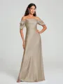 Sheath/Column Off-the-Shoulder Floor-Length Short Sleeves Silk Like Satin Bridesmaid Dress