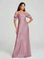 Sheath/Column Off-the-Shoulder Floor-Length Short Sleeves Silk Like Satin Bridesmaid Dress