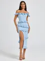 Sheath Off-the-Shoulder Ruffles Tea-Length Stretch Crepe Bridesmaid Dress