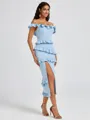Sheath Off-the-Shoulder Ruffles Tea-Length Stretch Crepe Bridesmaid Dress