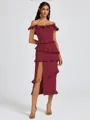 Sheath Off-the-Shoulder Ruffles Tea-Length Stretch Crepe Bridesmaid Dress