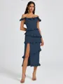 Sheath Off-the-Shoulder Ruffles Tea-Length Stretch Crepe Bridesmaid Dress