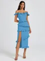 Sheath Off-the-Shoulder Ruffles Tea-Length Stretch Crepe Bridesmaid Dress