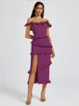 Sheath Off-the-Shoulder Ruffles Tea-Length Stretch Crepe Bridesmaid Dress