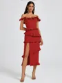 Sheath Off-the-Shoulder Ruffles Tea-Length Stretch Crepe Bridesmaid Dress