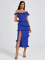 Sheath Off-the-Shoulder Ruffles Tea-Length Stretch Crepe Bridesmaid Dress