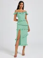 Sheath Off-the-Shoulder Ruffles Tea-Length Stretch Crepe Bridesmaid Dress