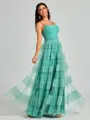 A-line Spaghetti Straps Pleated Floor-Length Tulle Bridesmaid Dress