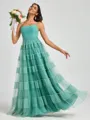 A-line Spaghetti Straps Pleated Floor-Length Tulle Bridesmaid Dress