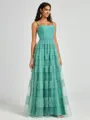 A-line Spaghetti Straps Pleated Floor-Length Tulle Bridesmaid Dress