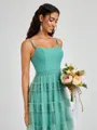 A-line Spaghetti Straps Pleated Floor-Length Tulle Bridesmaid Dress
