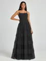 A-line Spaghetti Straps Pleated Floor-Length Tulle Bridesmaid Dress
