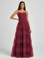 A-line Spaghetti Straps Pleated Floor-Length Tulle Bridesmaid Dress