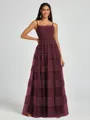 A-line Spaghetti Straps Pleated Floor-Length Tulle Bridesmaid Dress