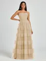 A-line Spaghetti Straps Pleated Floor-Length Tulle Bridesmaid Dress