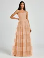A-line Spaghetti Straps Pleated Floor-Length Tulle Bridesmaid Dress