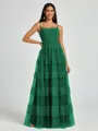 A-line Spaghetti Straps Pleated Floor-Length Tulle Bridesmaid Dress