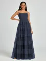 A-line Spaghetti Straps Pleated Floor-Length Tulle Bridesmaid Dress