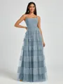 A-line Spaghetti Straps Pleated Floor-Length Tulle Bridesmaid Dress