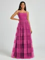 A-line Spaghetti Straps Pleated Floor-Length Tulle Bridesmaid Dress