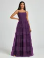 A-line Spaghetti Straps Pleated Floor-Length Tulle Bridesmaid Dress