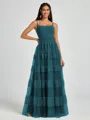 A-line Spaghetti Straps Pleated Floor-Length Tulle Bridesmaid Dress