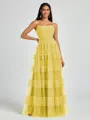 A-line Spaghetti Straps Pleated Floor-Length Tulle Bridesmaid Dress