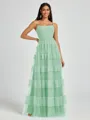 A-line Spaghetti Straps Pleated Floor-Length Tulle Bridesmaid Dress