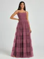 A-line Spaghetti Straps Pleated Floor-Length Tulle Bridesmaid Dress