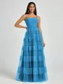 A-line Spaghetti Straps Pleated Floor-Length Tulle Bridesmaid Dress