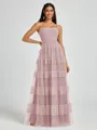 A-line Spaghetti Straps Pleated Floor-Length Tulle Bridesmaid Dress