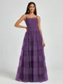 A-line Spaghetti Straps Pleated Floor-Length Tulle Bridesmaid Dress