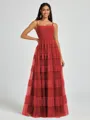A-line Spaghetti Straps Pleated Floor-Length Tulle Bridesmaid Dress