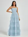 A-line Spaghetti Straps Pleated Floor-Length Tulle Bridesmaid Dress