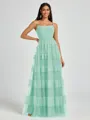 A-line Spaghetti Straps Pleated Floor-Length Tulle Bridesmaid Dress