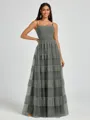 A-line Spaghetti Straps Pleated Floor-Length Tulle Bridesmaid Dress