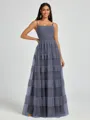 A-line Spaghetti Straps Pleated Floor-Length Tulle Bridesmaid Dress