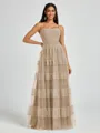 A-line Spaghetti Straps Pleated Floor-Length Tulle Bridesmaid Dress