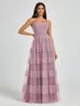 A-line Spaghetti Straps Pleated Floor-Length Tulle Bridesmaid Dress