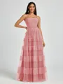 A-line Spaghetti Straps Pleated Floor-Length Tulle Bridesmaid Dress