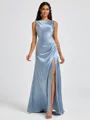 Sheath Scoop Pleated Floor-Length Silk Like Satin Bridesmaid Dress